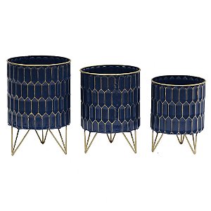 CONJ DE CACHEPOTS DE METAL AZUL COM BASE DOURADA  3 PECAS