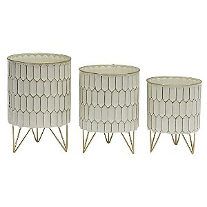 CONJ DE CACHEPOTS DE METAL BRANCO COM BASE DOURADA  3 PECAS