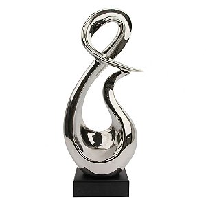 PECA DECORATIVA DE CERAMICA PRATA COM BASE DE MADEIRA