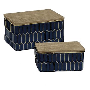 CONJ DE CAIXAS DE METAL AZUL COM TAMPA DE MADEIRA