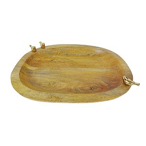 PRATO OVAL DE MADEIRA COM PASSAROS EM DETALHE