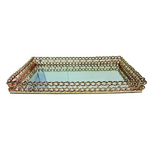 BANDEJA DECORATIVA DE VIDRO E METAL DOURADA