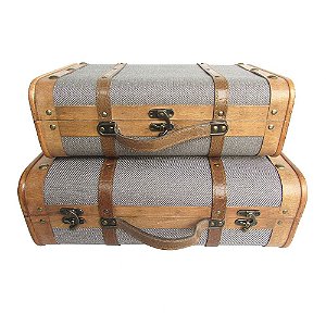 CJ  DE MALETAS DE MADEIRA E METAL MARROM E CINZA  2PCS