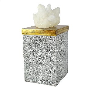 POTE COM TAMPA E PEDRA EM RESINA BRANCO E DOURADO 13CM X 13C