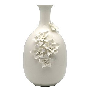 VASO DE CERAMICA BRANCO COM FLORES APLICADAS 3D 20,2CM X 18,