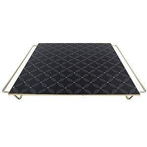 BANDEJA DECORATIVA DE METAL E VIDRO PRETO E DOURADO