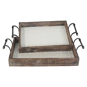 CJ DE BANDEJAS DE METAL E MADEIRA G57CM X 33CM X 9CM  P50CM