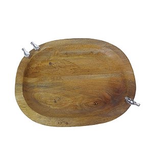 PRATO OVAL DE MADEIRA COM PASSAROS EM DETALHE