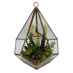 TERRAREO DE VIDRO E METAL DOURADO E FLORES DECORATIVAS