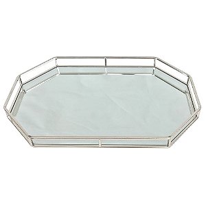 BANDEJA COM ESPELHO E METAL PRATA 51CM X 32CM X 5CM