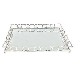 BANDEJA COM ESPELHO E METAL PRATA 45CM X 30CM X 5CM