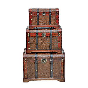 CJ. DE BAUS DE MADEIRA E COURO- 3 PCS