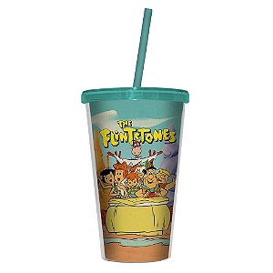 COPO PLASTICO COM TAMPA E CANUDO HB FLINSTONES FAMILY IN A C