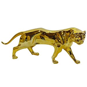 ESTATUA RESINA PLASTICA JAGUAR DOURADA 47 X 14 X 20 CM