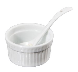JOGO 3 RAMEQUINS C/ COLHER PORCELANA 9CM BRANCO