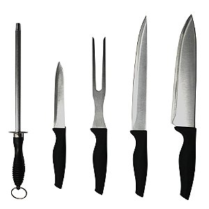 JOGO DE 5 PECAS PARA CHURRASCO EM INOX COM CABO PLASTICO