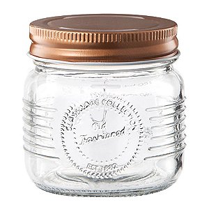 PORTA MANTIMENTO EM VIDRO COM TAMPA COR COBRE 250ML D7,5XA8CM
