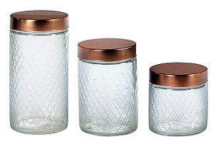 JG 3 PORTA MANTIMENTOS EM VIDRO TAMPA COBRE 870ML/1,2L/1,7L