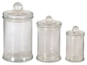 JG DE 3 POTES REDONDOS VIDRO LISO COM TAMPA 120/350/600ML
