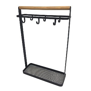SUPORTE TALHERES XICARAS FERRO MADEIRA 26X10X41CM PRETO