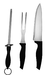 JG DE 3 PEÇAS PARA CHURRASCO EM INOX COM CABO PLÁSTICO