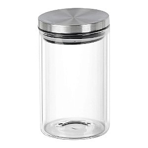 PORTA MANTIMENTO REDONDO EM VIDRO BOROSSILICATO COM TAMPA DE METAL PRATA 150ML D5.5XA11,5CM
