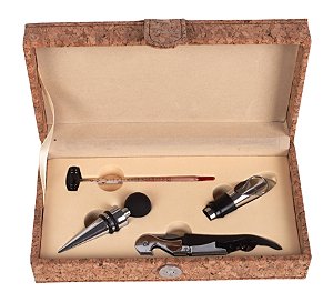 ESTOJO PARA VINHO EM CORTIÇA COM 4 ACESSÓRIOS