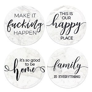 JOGO DE 4 PORTA COPOS FRASES EM CERAMICA D10,8CM