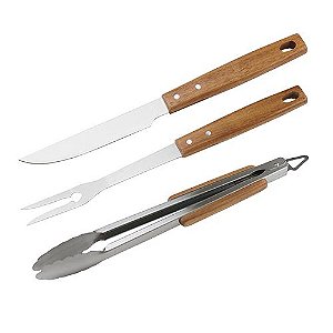 JG CHURRASCO 3 PÇS GARFO PEGADOR FACA ACO INOX CABO MADEIRA