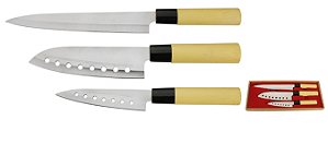 JG 3 FACAS PARA SUSHI EM INOX COM CABO E CAIXA DE MADEIRA