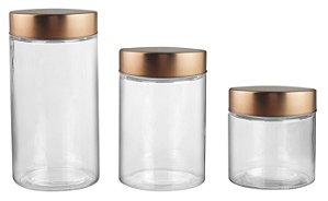 JG 3 PORTA MANTIMENTOS REDONDO VIDRO C/TAMPA COR DE COBRE