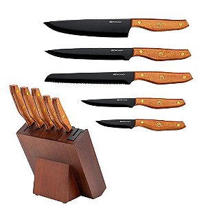 JG 5 FACAS HANZO WOOD ACO INOX LAMINA PRETA CABO CEPO MADEIR