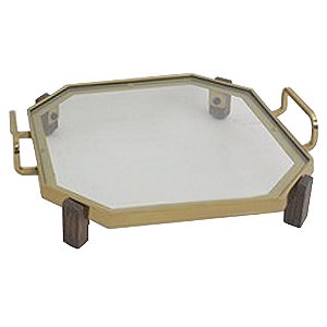 BANDEJA DE VIDRO COM METAL DOURADO E DETALHES EM MADEIRA 34C