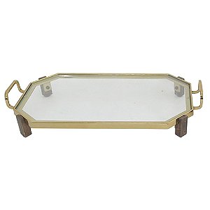 BANDEJA DE VIDRO COM METAL DOURADO E DETALHES EM MADEIRA 56C