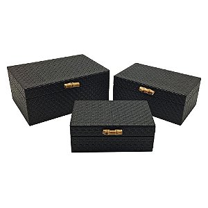 CJ. DE CAIXAS DE MADEIRA PRETO COM PUXADOR DE BAMBU - 3PCS