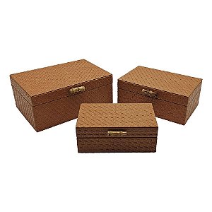 CJ. DE CAIXAS DE MADEIRA MARROM COM PUXADOR DE BAMBU - 3PCS