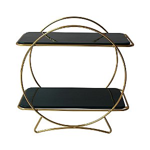BANDEJA DE DOIS ANDARES DE METAL DOURADO E CERAMICA VERDE
