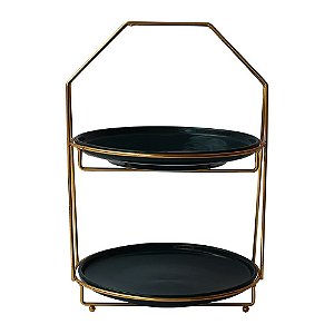 BANDEJA DE DOIS ANDARES DE METAL DOURADO E CERAMICA VERDE