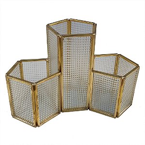 PORTA OBJETOS EM METAL E VIDRO COM DETALHE DOURADO