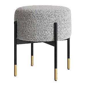 BANQUETA EM METAL E TECIDO CINZA, PRETA E DOURADA