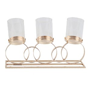 CASTIÇAL EM METAL E VIDRO DOURADO PARA 3 VELAS