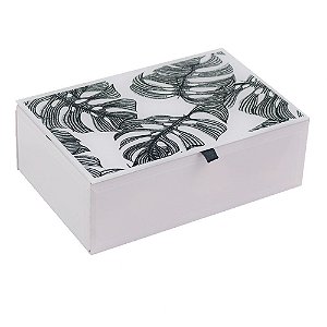 PORTA JOIAS EM MADEIRA E VIDRO BRANCO COM DETALHE FLORAL