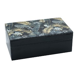 PORTA JOIAS EM MADEIRA E VIDRO PRETO COM DETALHE FLORAL