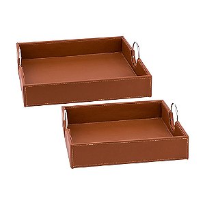 CJ DE BANDEJAS ESTILO COURO MARROM COM PUXADORES 2 PCS