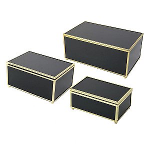 CONJ  DE CAIXAS PRETO E DOURADO DE VIDRO  3PCS