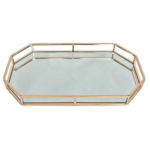 BANDEJA COM ESPELHO E METAL DOURADO 41,5CM X 23CM X 5CM