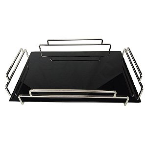 BANDEJA DE VIDRO PRETO E METAL PRATA 46CM X 31CM X 6CM