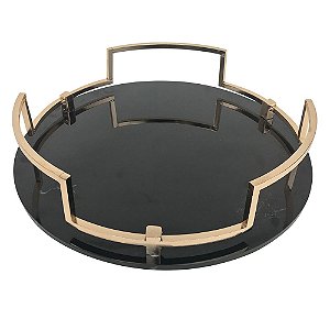 BANDEJA DE VIDRO PRETO E METAL DOURADO 38,5CM X 38,5CM X 9,5
