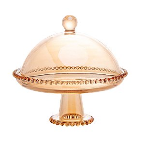 PRATO CRISTAL C/PÉ E TAMPA PEARL ÂMBAR 20x18cm