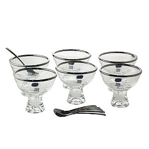 CJ 6 BOWLS VIDRO C/6 COLHERES P/SOBREMESA VERA BLACK
